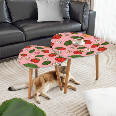 Triangle Nesting Coffee Table Set of 2 Strawberry Cute colorful strawberries flowers leaves doodle End Table Modern Minimalist Side Table Set for Living Room Bedroom