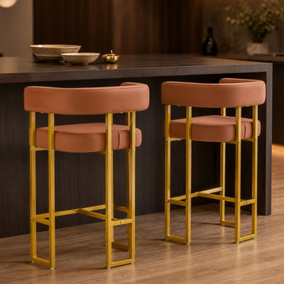 Modern Counter Height Bar Stools Set of 2, Upholstered PU Leather Barstools with Backrest & Footrest, 26" Mid Century Kitchen Island Chairs with Matte Gold Carbon Steel Frame for Home Bar, Brown