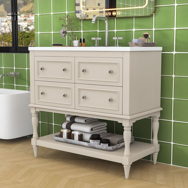 Armoire de meuble-lavabo moderne avec cadre en bois et quatre tiroirs, Beige