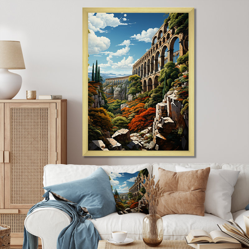 Espagne, aqueduc romain en segovin sur toile, H 20 po x l 12 po x P 1 po, Encadrement doré