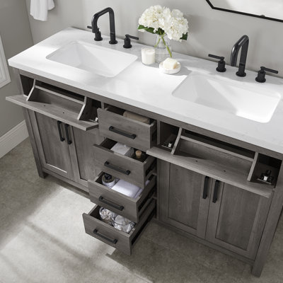 Meuble-lavabo double l 60 po avec plateau en pierre reconstituée