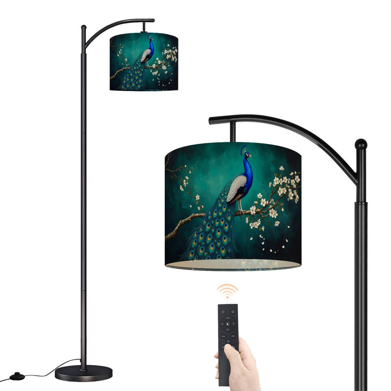 Lampe sur pied à arc avec abat-jour ajustable Paon qui coule avec des plumes de la queue Branches de fleurs Lampe sur pied rétro bleu sarcelle