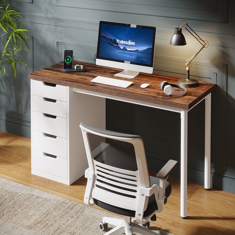 Briget 5-Drawer Computer Desk, Writing, Dressing Modern, Brown/White