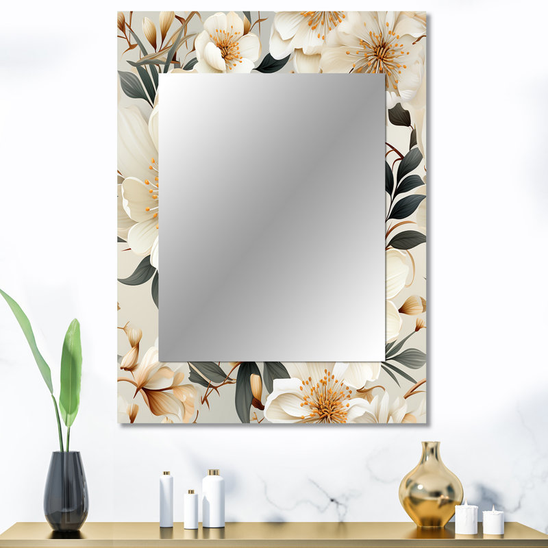 «Chareese Beige Boho Chic Poppy Blooms», décoration murale unique à motif floral, grand miroir floral, impression d'art en métal