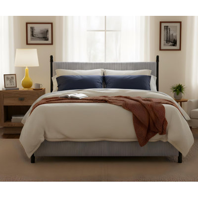 King Size 48-inch Striped Rubberwood Upholstered Bed