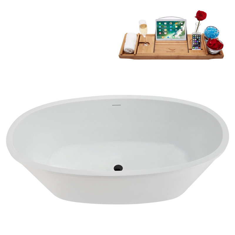 60" Streamline Soaking Glossy White Freestanding Tub and Tray With Internal Drain, Matte Black