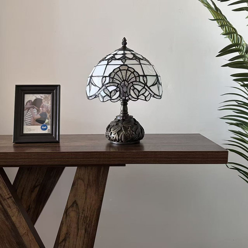 Simonetti Tiffany Table Lamp Stained Glass Baroque Style Lavender LED Bulb Dragonfly Base 10"W*10"D*14"H*, Beige/White