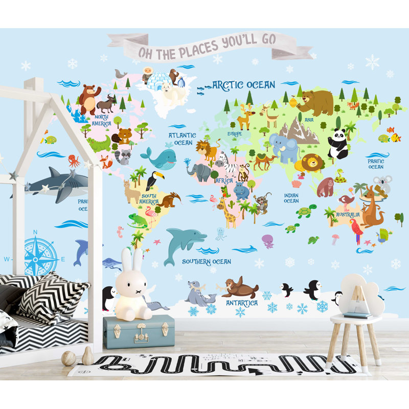 Papier peint amovible Animaux sur la carte du monde, L 9 po x l 15 po