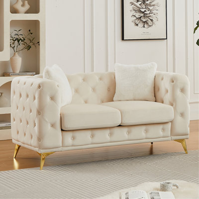 Canapé en velours de luxe moderne avec accents matelassés Chesterfield, comprend 2 coussins et pieds en métal