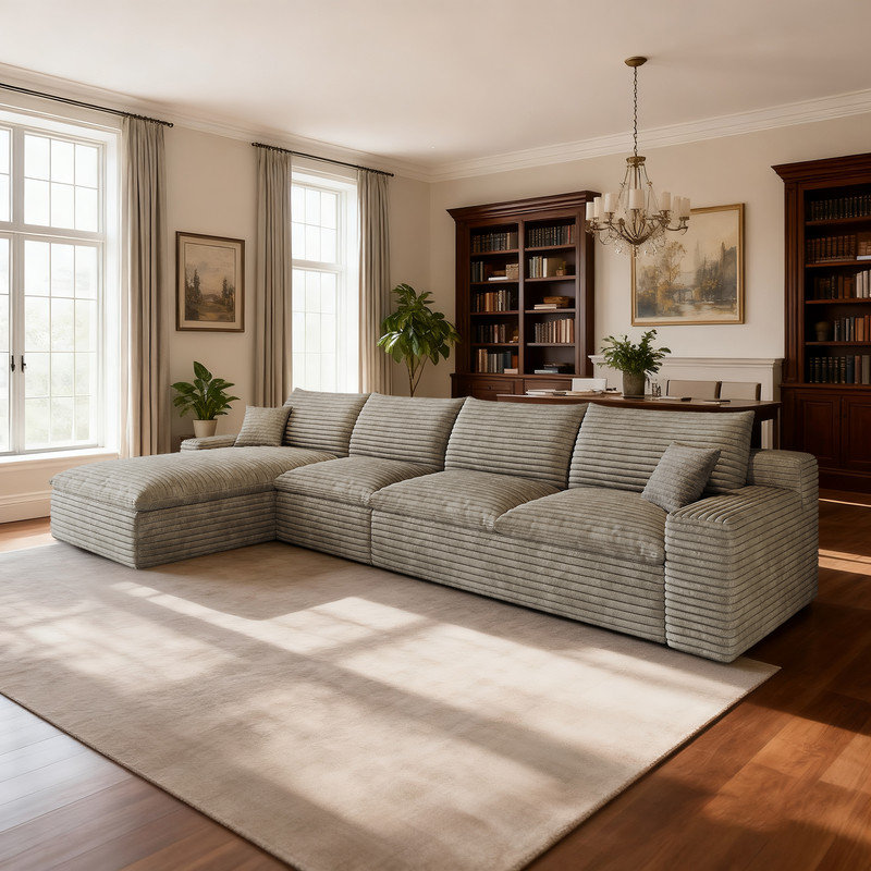 Ensemble de canapé modulaire de luxe avec bourre en plumes et tissu en velours côtelé, Velours côtelé chameau