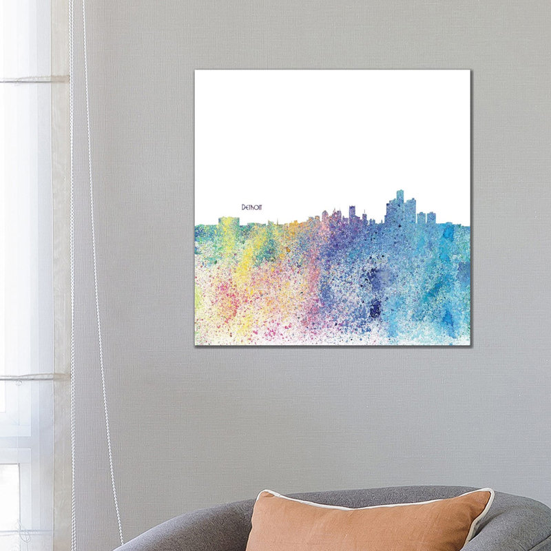 Detroit Michigan Skyline Silhouette Impressionistic Splash 1 Piece Wrapped Canvas Wall Art