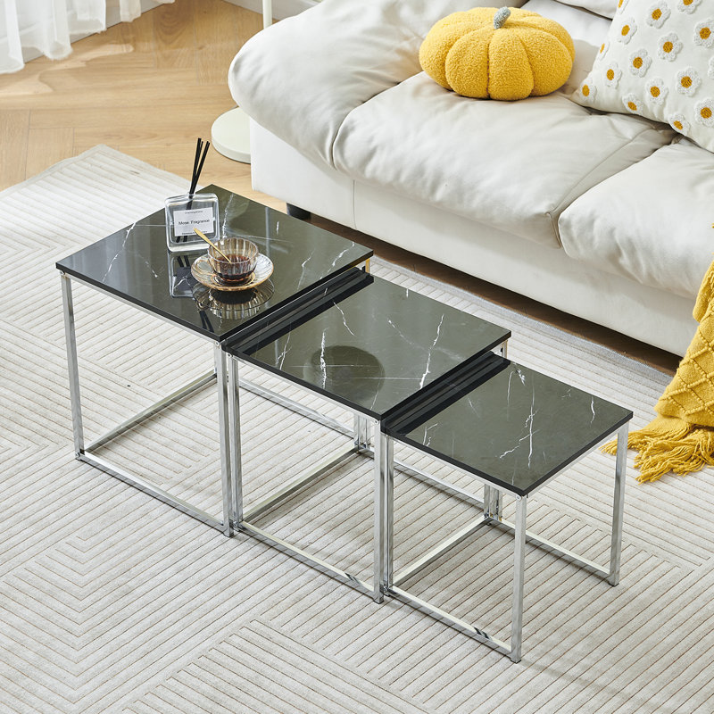 Coffee Table, Square Black Marble Set of 3