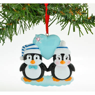 Personalized Penguin Couple with Blue Heart Christmas Ornament