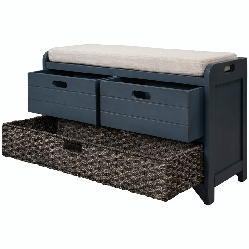 Versatile Use Wood Shoe Storage Bench with Removable Basket and 2 Drawers, Navy