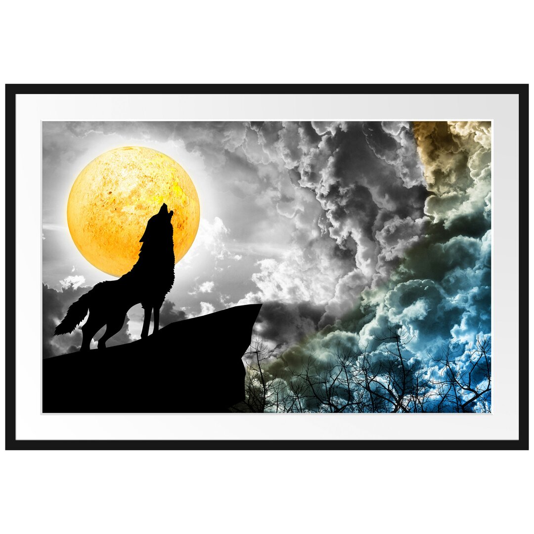 Gerahmtes Poster Mystischer Wolf im Vollmond