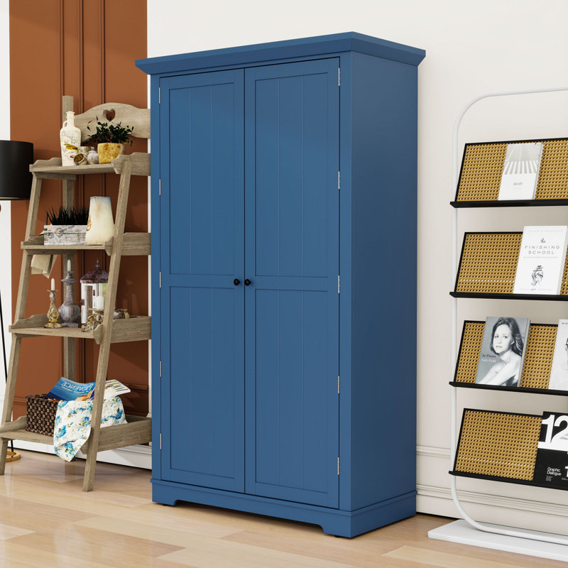 Armoire de cuisine autoportante avec 3 tiroirs, tablettes réglables, supports de porte et plateaux coulissants, Bleu