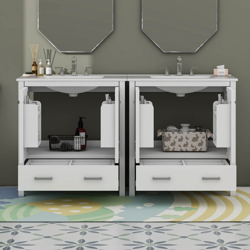 Ensemble de meuble-lavabo 60 po avec double meuble-lavabo et double lavabo en céramique, tiroirs divisés, Blanc