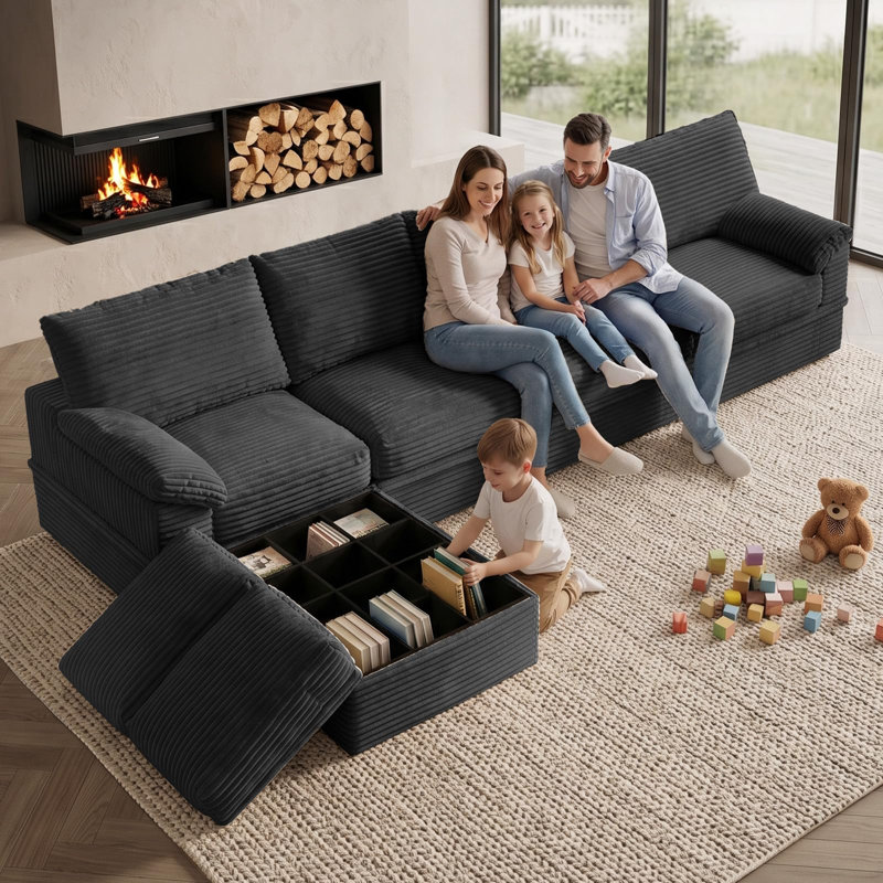 Canapé modulaire en U 142 po avec méridienne et rangement en velours côtelé de 142 po, Gris