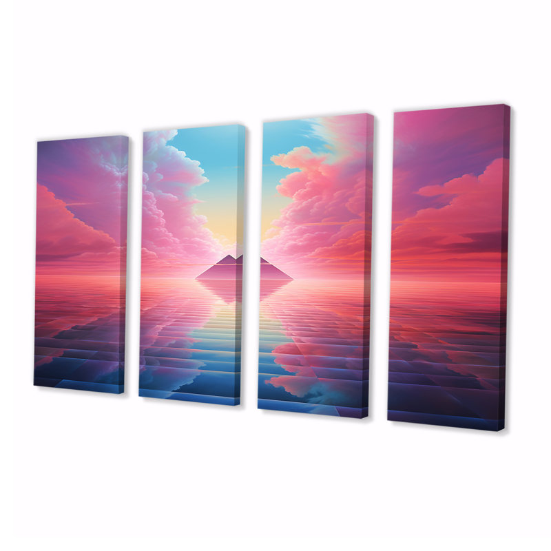 «Pink Diamond Horizon», art mural abstrait 4 pièces, H 28 po x l 48 po