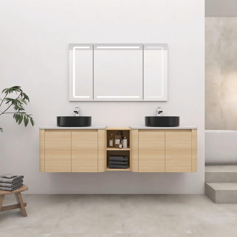 Meuble-lavabo mural double 72 po avec éviers d'art en céramique et 1 tablette de rangement, chêne blanc américain, Noir