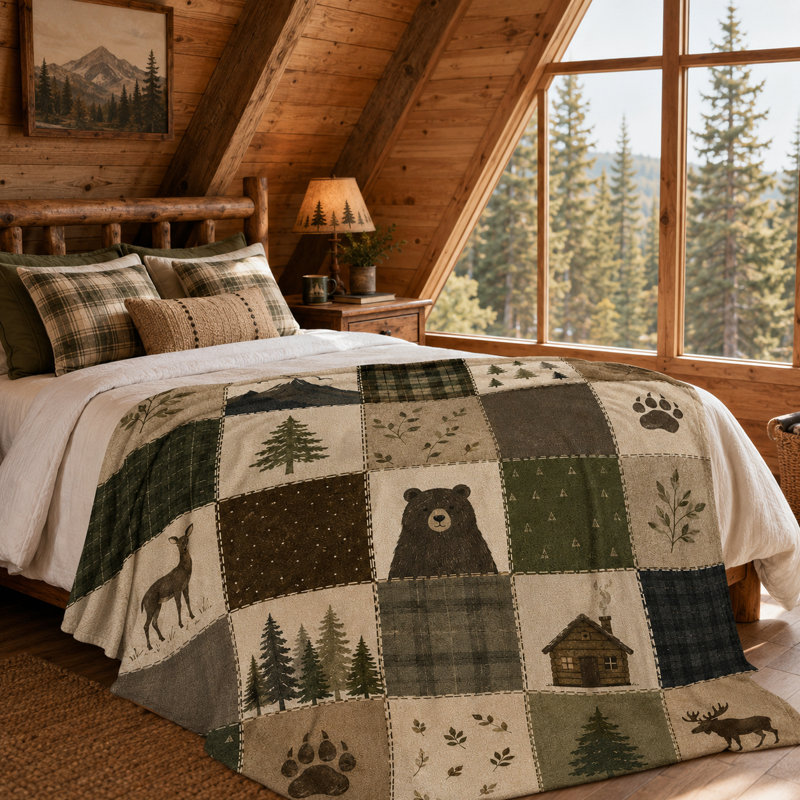 Plaid en flanelle patchwork à motif de faune sauvage avec ours, cerfs, orignaux, pins et chalet, imprimé rustique pour canapé, lit ou fauteuil de lecture, 101,6 x 127 cm