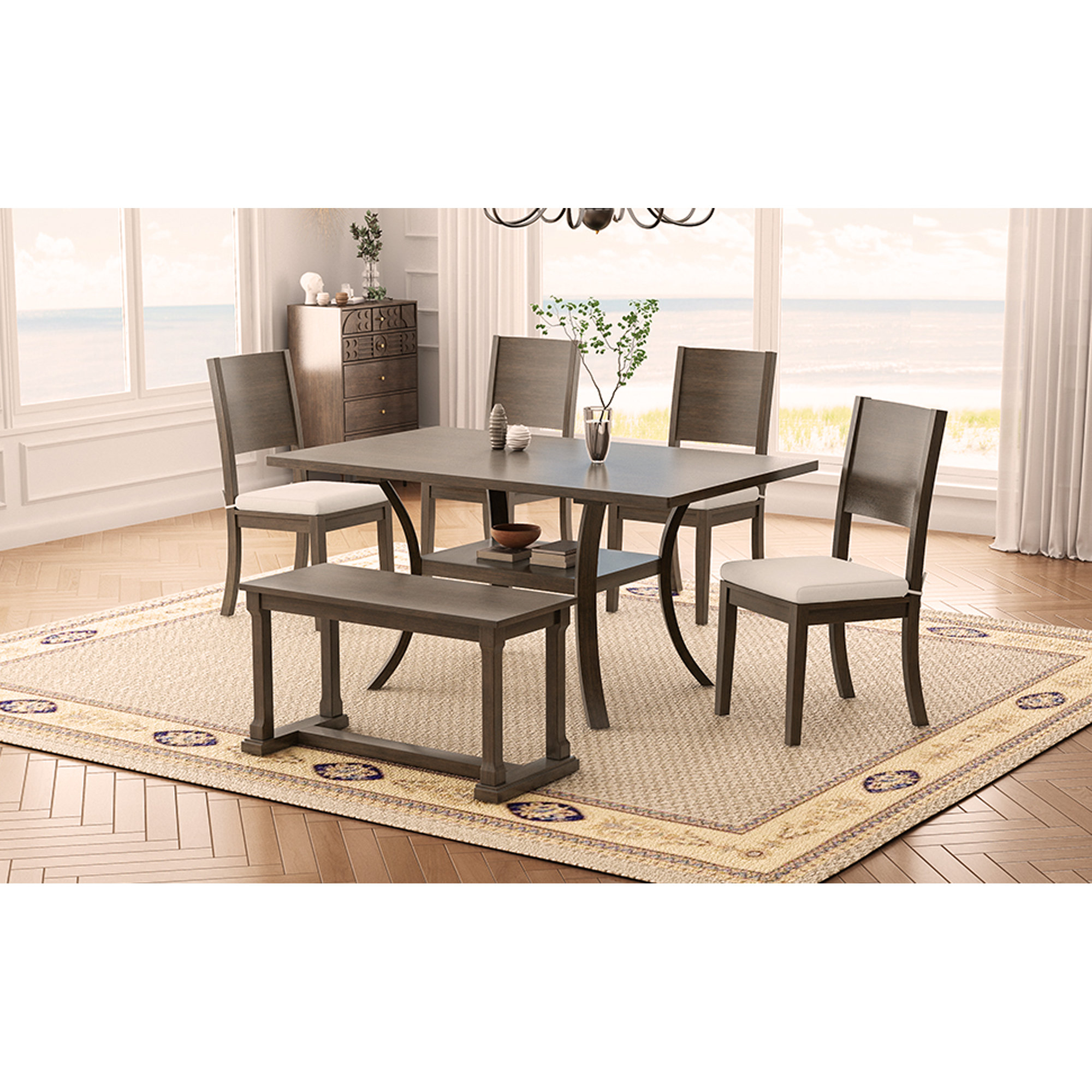 Red Barrel Studio 6-Piece Wood Dining Table Set with Storage Shelf and ...