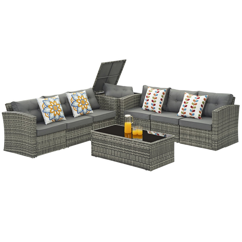 Ensemble de conversation avec canapé en rotin 8 pièces et coussins 8 pièces, gris, Gris