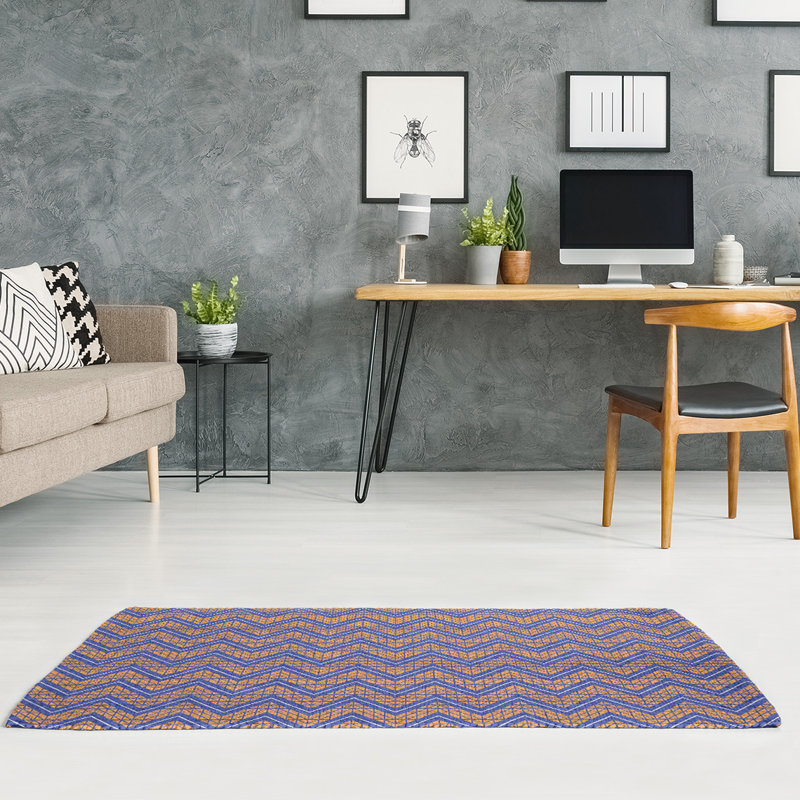 Tapis orange/bleu à chevrons à main, Rectangle 9 pi x 12 pi