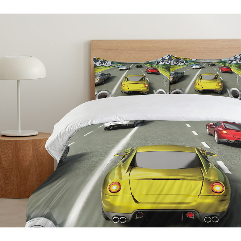 Twin Size Multicolor Car Racing Duvet Cover Set