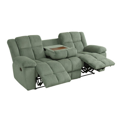 Manual Reclining Sofa With Center Console, 3 Seat Corduroy Recliner Couch With Cup Holders For Living Room, Sage Green