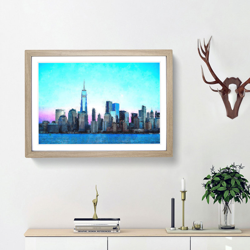 Freedom Tower & New York City - Picture Frame Graphic Art Print, Oak Framed, 45cm H x 63cm W x 2cm D
