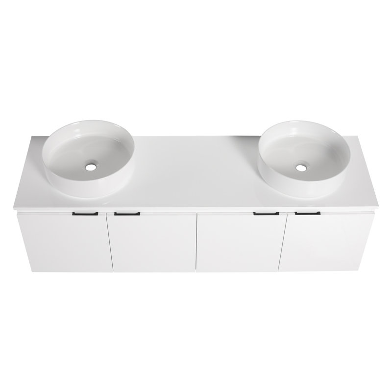  Dalmahoy 60" Bathroom Vanity with Sink, 60 Inch Floating Vanity, Double Sink Wall Mounted Vanity Combo, Modern White Bathroom Vanity Set with 4 Doors and Ceramic Basin Sink