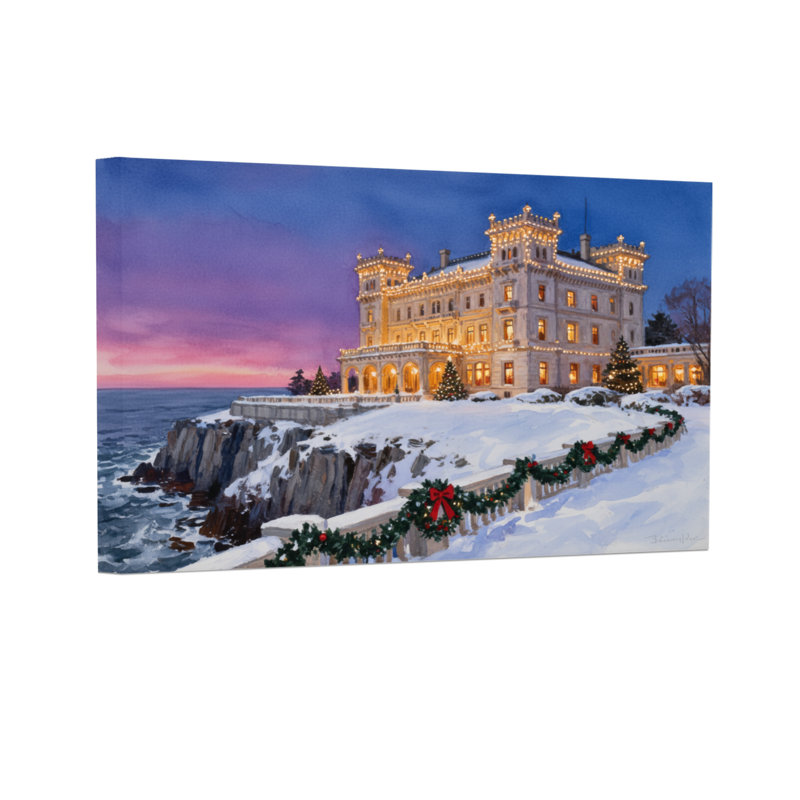 Château de Noël enneigé au crépuscule avec décorations de Noël, H 16 po x l 24 po