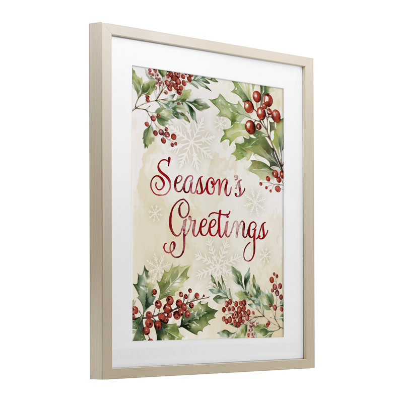 «Season's Greetings», reproduction encadrée sous verre Holly Berries, conception par Nicole DeCamp, H 16 po x l 13 po