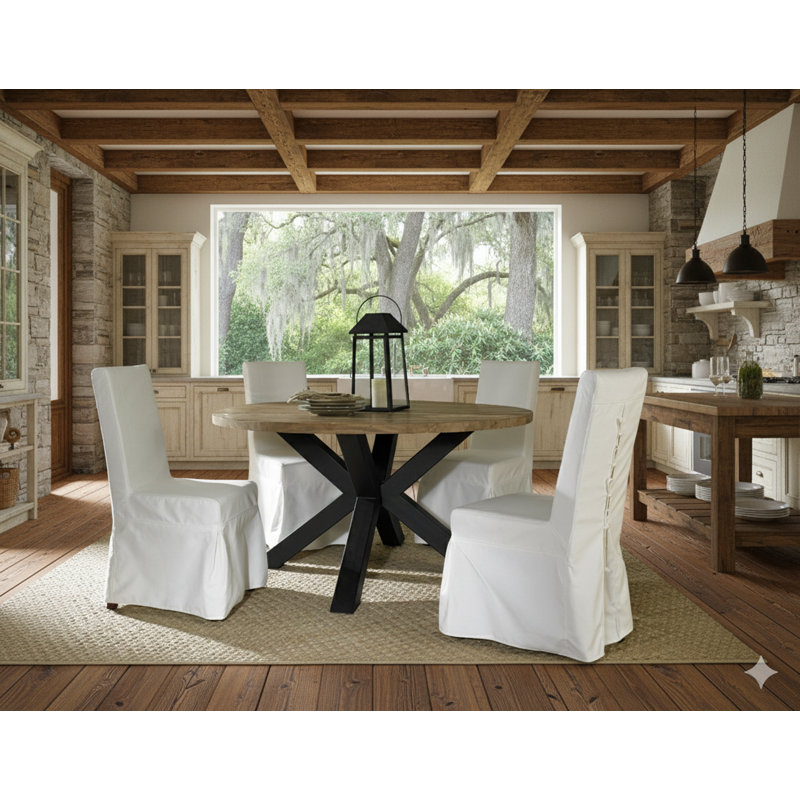 Teak Round Solid Wood Top Dining Table, 30.7" H x 48" L x 48" W