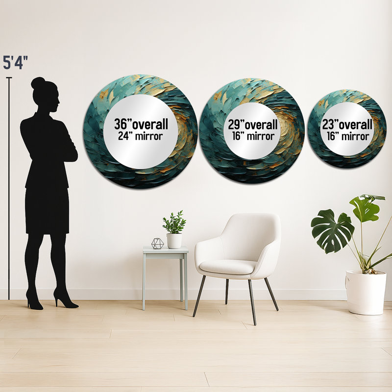 Majestic Motion Teal Spiral IV - miroir unique à spirales abstraites, grand miroir mural rond moderne, impression d'art en métal