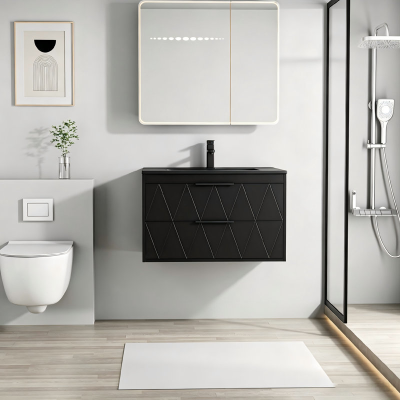 Meuble-lavabo mural simple et moderne de 76 cm (30 po) avec comptoir, robinet et drain intégrés, armoire de salle de bain suspendue peinte, tiroirs à fermeture douce, certifié EPA