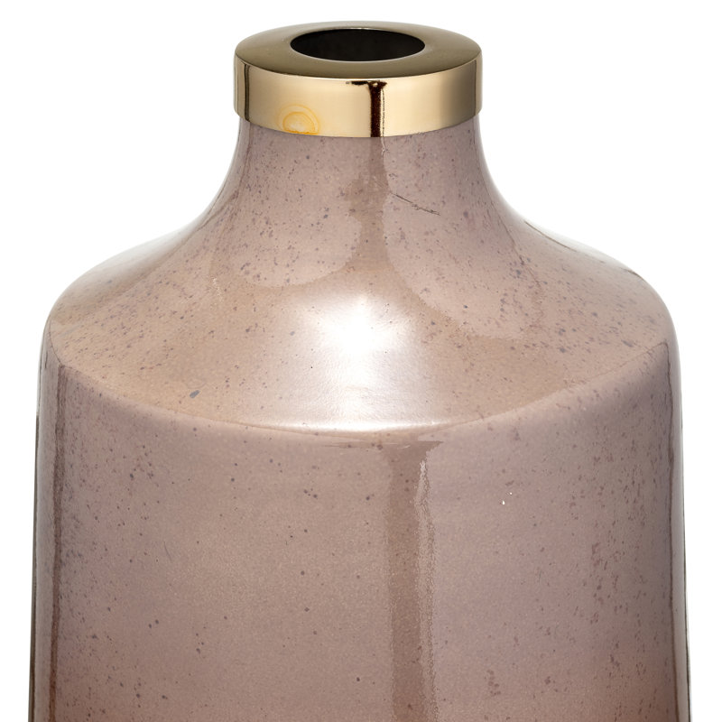 Tall Cylinder Glass Vase with Tapered Neck and Gold Metal Accent Ring Featuring Glam Style and Translucent Speckled Body Design for Decorative Display and Modern Interior Styling.
