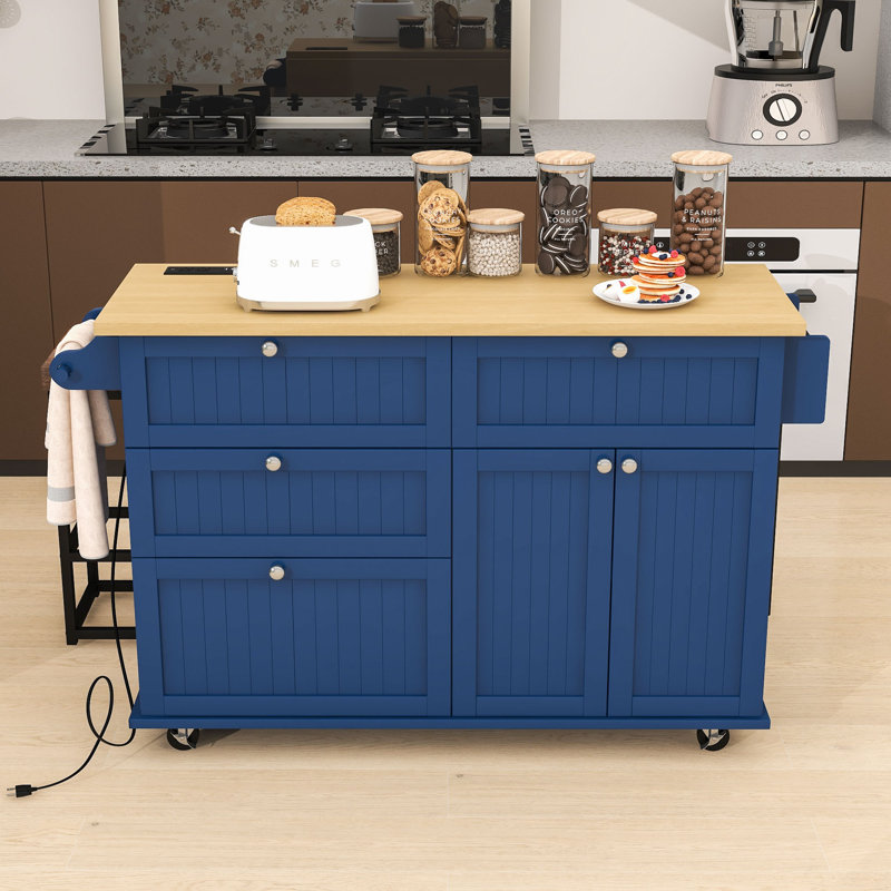 Farmhouse Rolling Kitchen Island with Drop Leaf, Storage Cabinet, Drawers, Power Outlet and 2 Stools, Blue