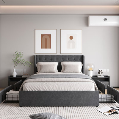 Grand lit avec 4 tiroirs de rangement et tête de lit à oreilles, tissu gris foncé, boutons, tiroirs de tête de lit sans effort, lin, simple