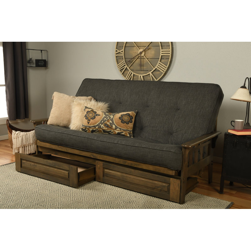 Stratford Queen 87" Wide Futon Frame and Mattress with Drawer Set, Charcoal Polyester