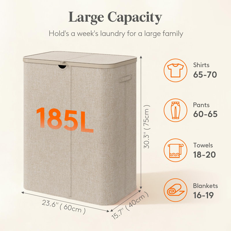 Grand panier à linge 185L à 3 sections avec couvercle, panier à linge en plastique avec poignées en bambou et sacs amovibles, grand panier à linge pliable pour salle de bain, beige
