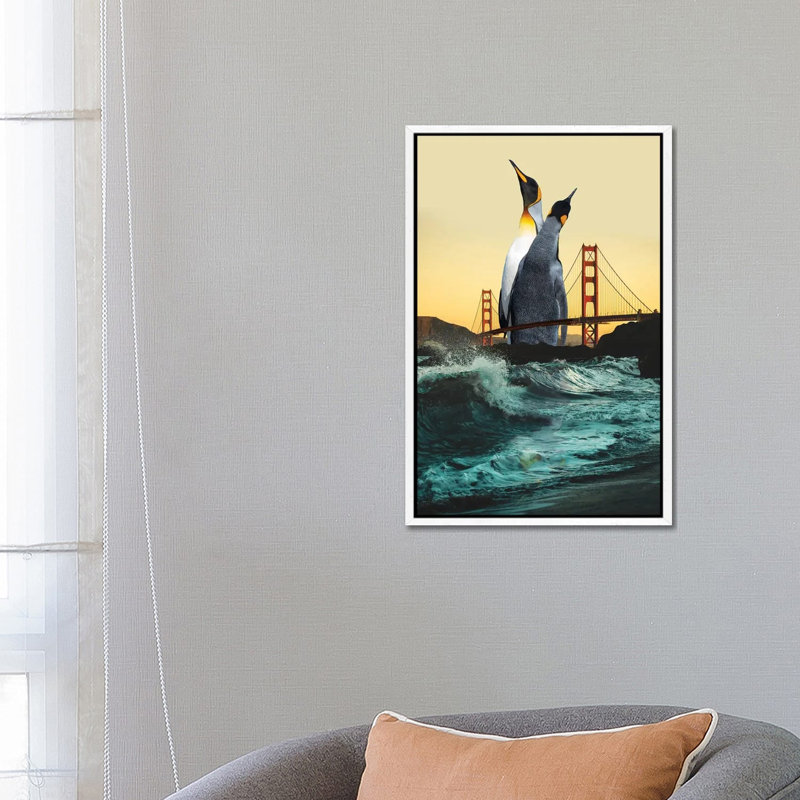 Golden Penguins by David Loblaw - Print on Canvas, 66.04 cm H x 45.72 cm W, White Framed