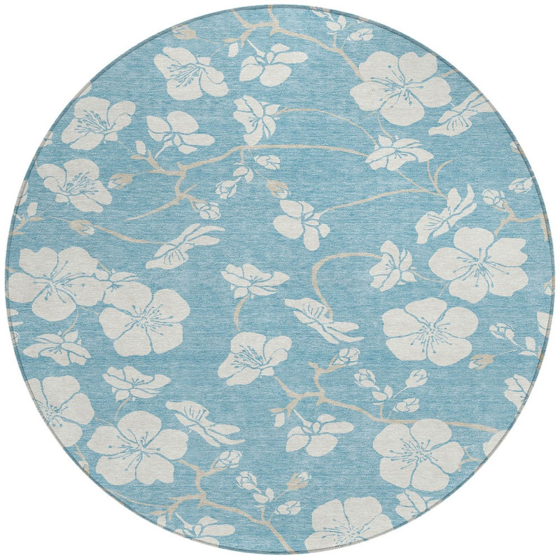 Tapis extérieur rond lavable floral bleu ciel et ivoire 8 pi