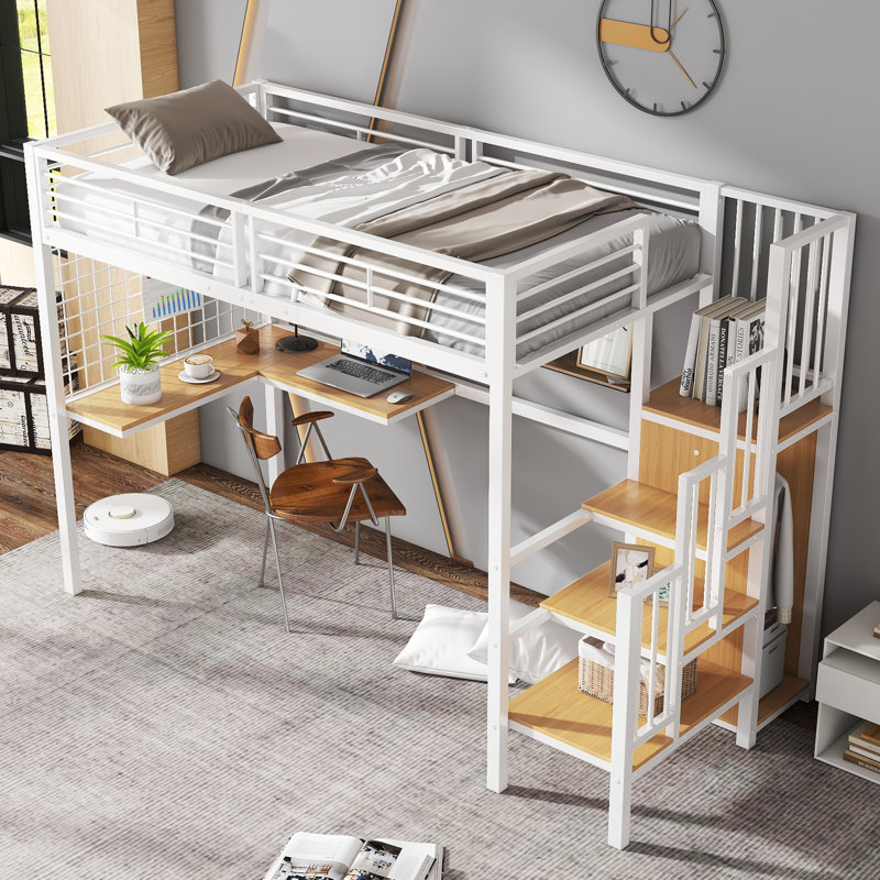Loft Bed Frame with Storage Included with Built-in Ladder Included with Desk Included, White