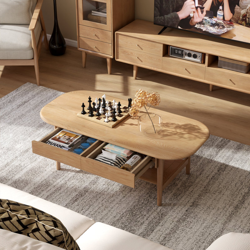 39"W Solid Oak Mid-Century Modern Coffee Table with Drawer and Storage Shelf, 16.54" H x 39.37" L x 19.69" W, Natural Oak