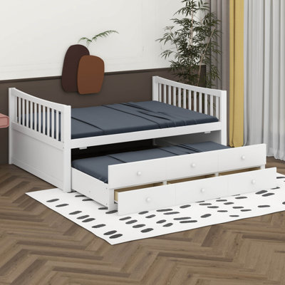 Lit de jour double avec lit gigogne simple, lit de rangement moderne en bois avec 3 tiroirs et canapé-lit pour enfants et chambre d'amis