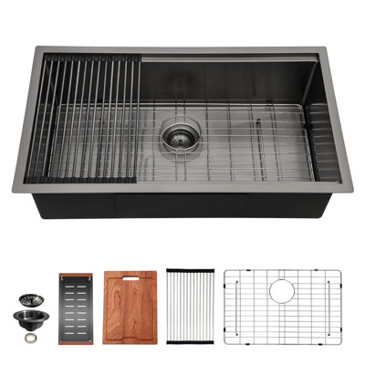 Gunmetal Black Workstation Kitchen Sink - 28"X 18"X 10" Single Bowl Workstation Undermount Kitchen Sink 16 Gauge Stainless Steel