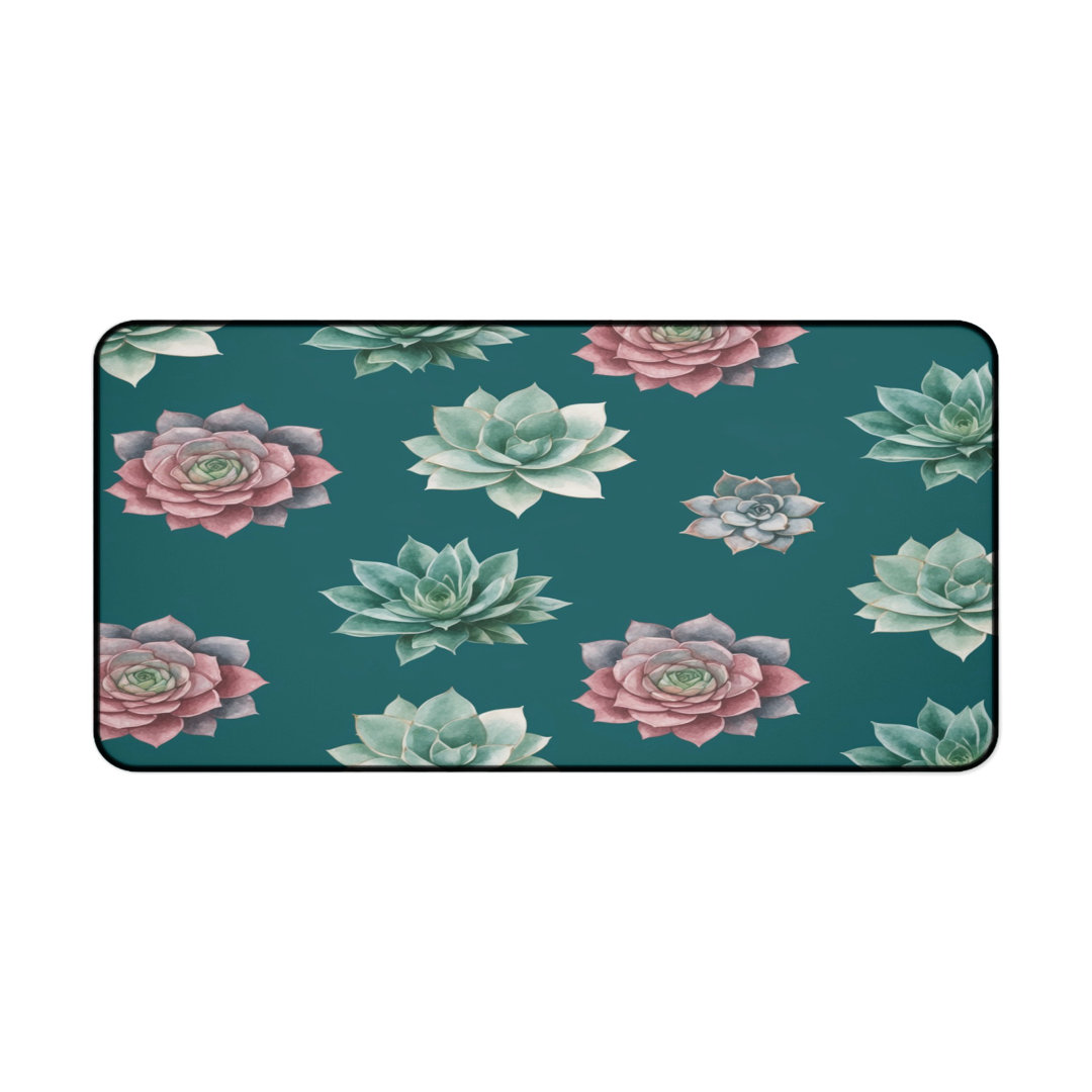 Watercolor Succulent Desk Mat, Botanical Office Decor, Teal Green Pink Plants, Aesthetic Desktop Mat, Nature Inspired