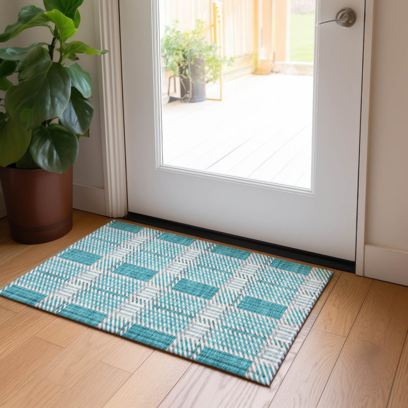 Teal Rectangular Easy Care Synthetic Washable Rug